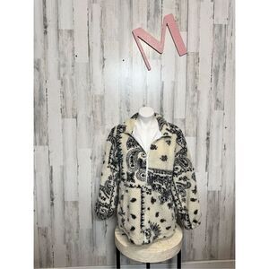 Supeon Sherpa Fleece Jacket Paisley Print Cream Black Zip Up Cozy Size M